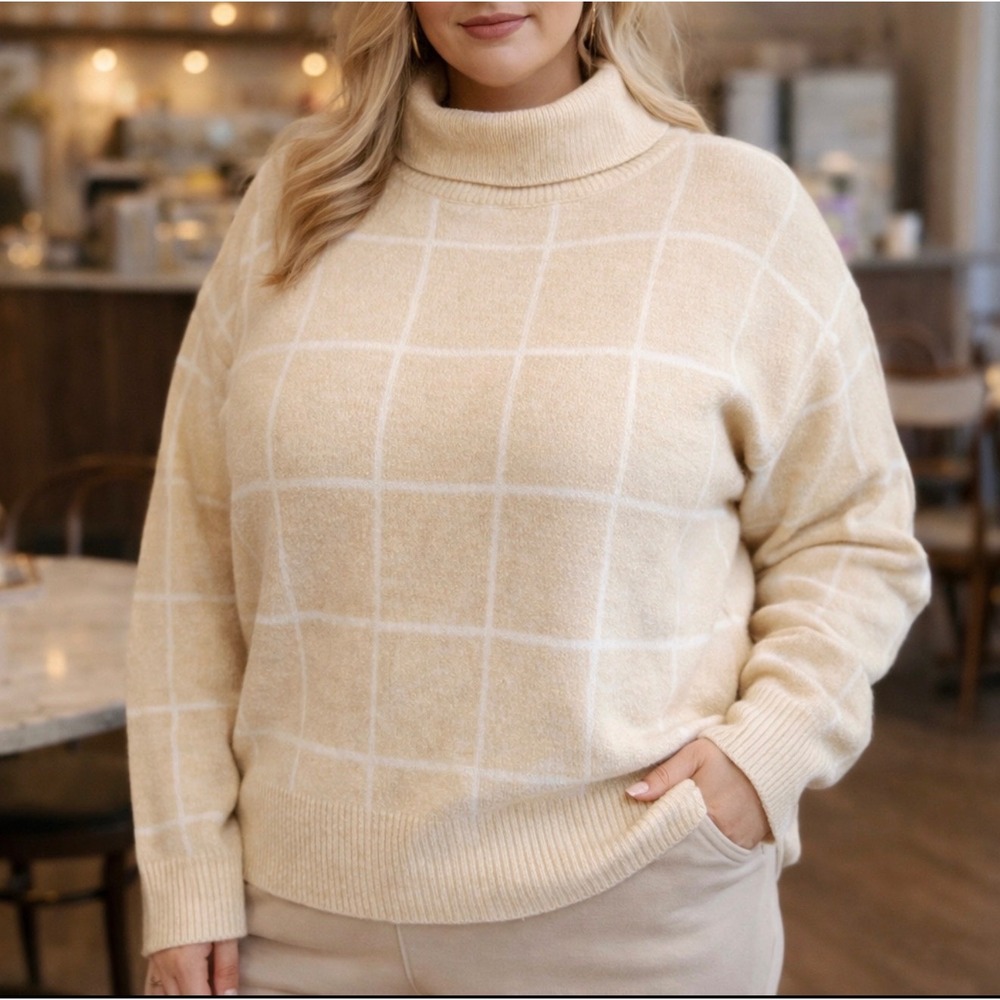 Andree by Unit Womens 3X Plaid Turtleneck Sweater Tan Cream Windowpane Knit NEW